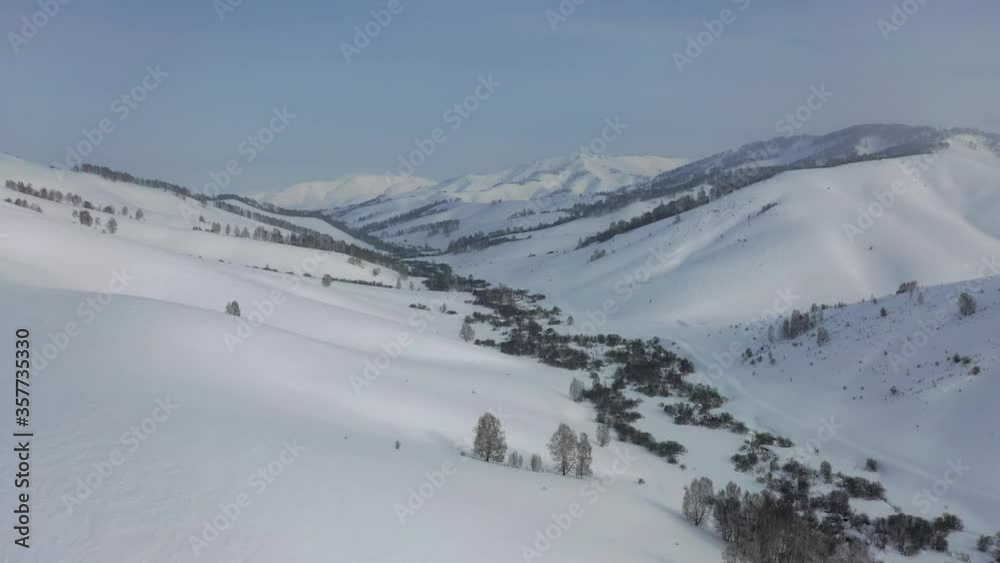 Aerial video view from drone on winter snow landscape natural background. Altai, Siberia, Russia Aerial video view from drone on winter snow landscape natural background. Altai, Siberia, Russia