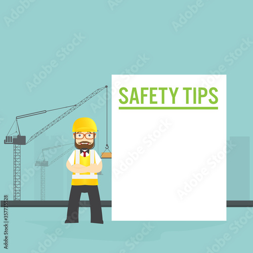Man Safety inspector hold board safety tips of construction plants Standing inspection in front of the safety first paper workplace for safety first concept