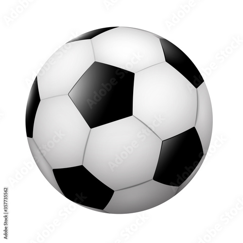 Realistic classic soccer ball, black and white on blank background. Team sports. Isolated vector