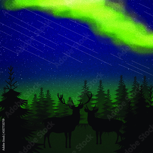 Aurora Polaris in the night forest  deer shooting star wallpaper