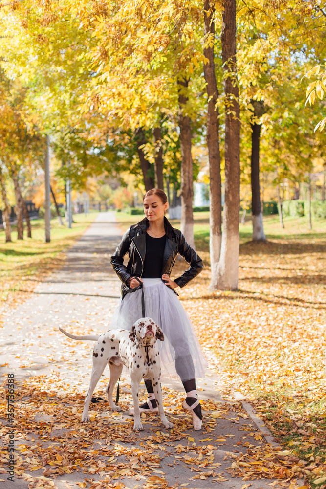 Fototapeta premium Ballerina with Dalmatian dog in the Park. Woman ballerina in a white ballet skirt and black leather jacket dancing in pointe shoes in autumn park with her spotty dalmatian dog.