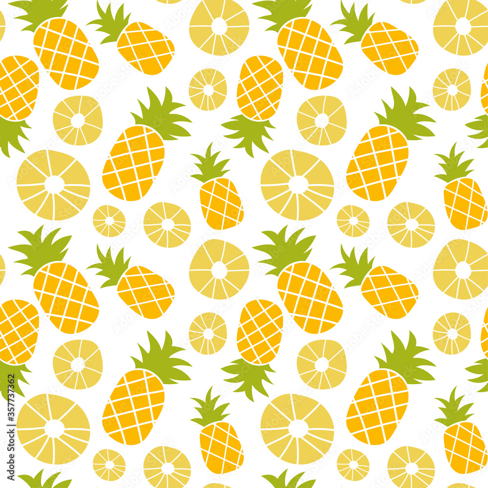 Pineapple seamless pattern. Hand drawn fresh slice of ananas. Vector sketch background. Color doodle wallpaper. Exotic tropical fruit. Fashion design. Food print for kitchen tablecloth