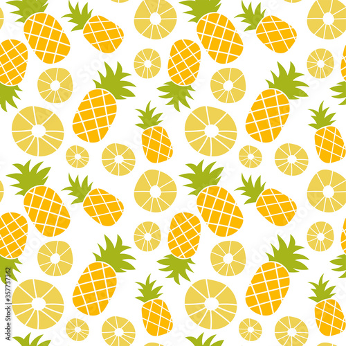Pineapple seamless pattern. Hand drawn fresh slice of ananas. Vector sketch background. Color doodle wallpaper. Exotic tropical fruit. Fashion design. Food print for kitchen tablecloth