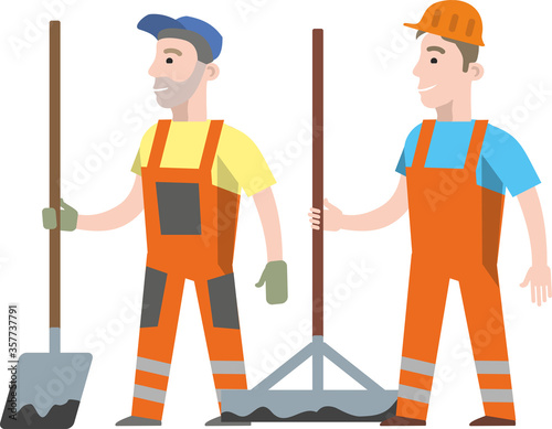 Road construction workers: men in an orange uniform and helmet with a shovel and with a leveler for asphalting in their hands. Flat infographics. Vector illustration