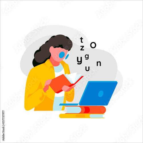 Woman reads book. Female character studying, isolated on white background. Concept of e-learning,digital training and online education. Student receives knowledge via Internet.Flat vector illustration