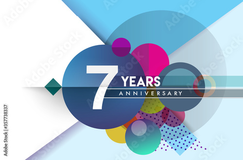 7th years anniversary logo, vector design birthday celebration with colorful geometric background and circles shape.