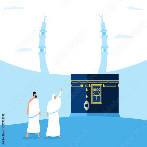 Couples Of Hajj Pilgrims Character Step Down On Kaaba Area