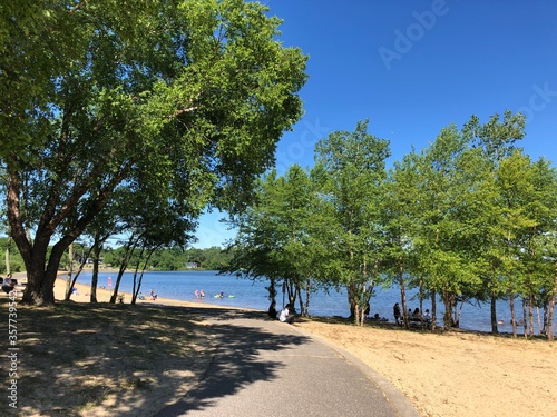 Fototapeta Naklejka Na Ścianę i Meble -  The Footpath Along the Beach at Lake Ronkonkoma County Park on Long Island, NY