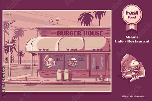 Vector pink color background Burger House in Miami