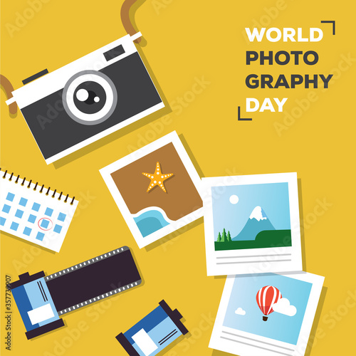 World Photography Day with camera lens world map and film roll.. Planning summer vacations. Holiday, journey. Tourism and vacation theme. Poster. Flat design vector illustration.
