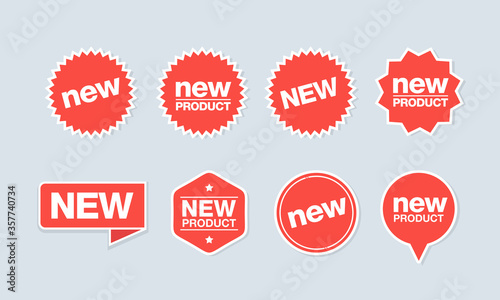 A collection of sticker icons from new labels. Suitable for design elements of retail stores, online outlets, and promotion of new products for sale. New red label sticker with white border icon set.