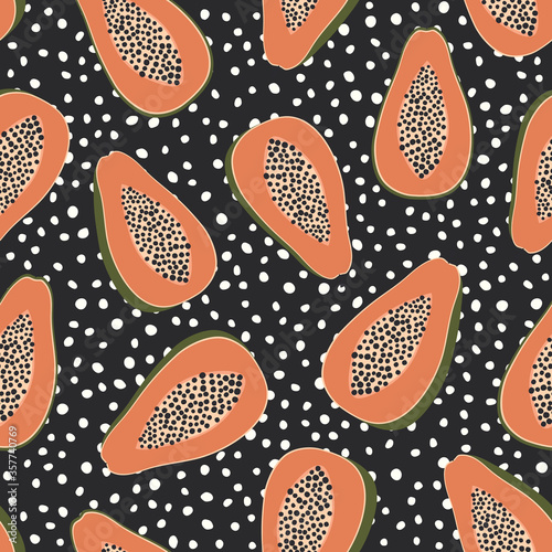 Papaya fruits seamless pattern with dots background. Tropical fuits