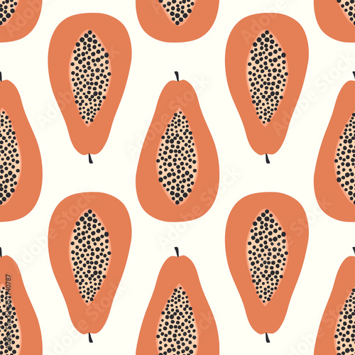Papaya fruits seamless pattern with white background. Tropical fuits
