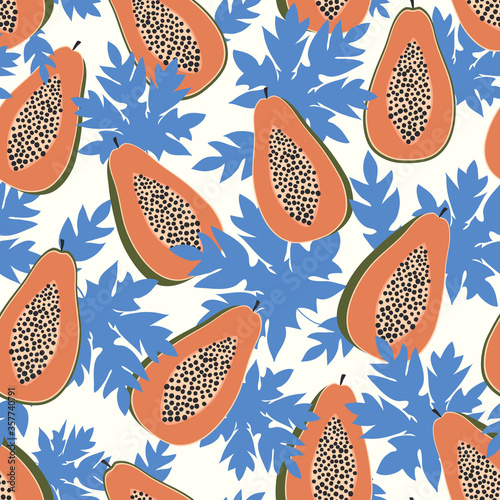 Papaya fruits and leaves seamless pattern with white background. Tropical fuits
