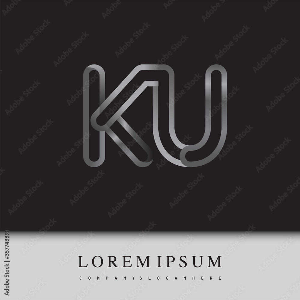 initial logo letter KU, linked outline silver colored, rounded logotype initial logo letter KU, linked outline silver colored, rounded logotype