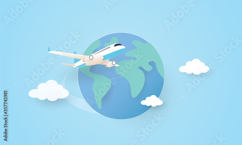 Paper art of air plane flying around the world, Holiday concept