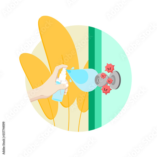 Cleaning the door handles with alcohol spray for prevent infection of Covid-19 virus. Vector illustration