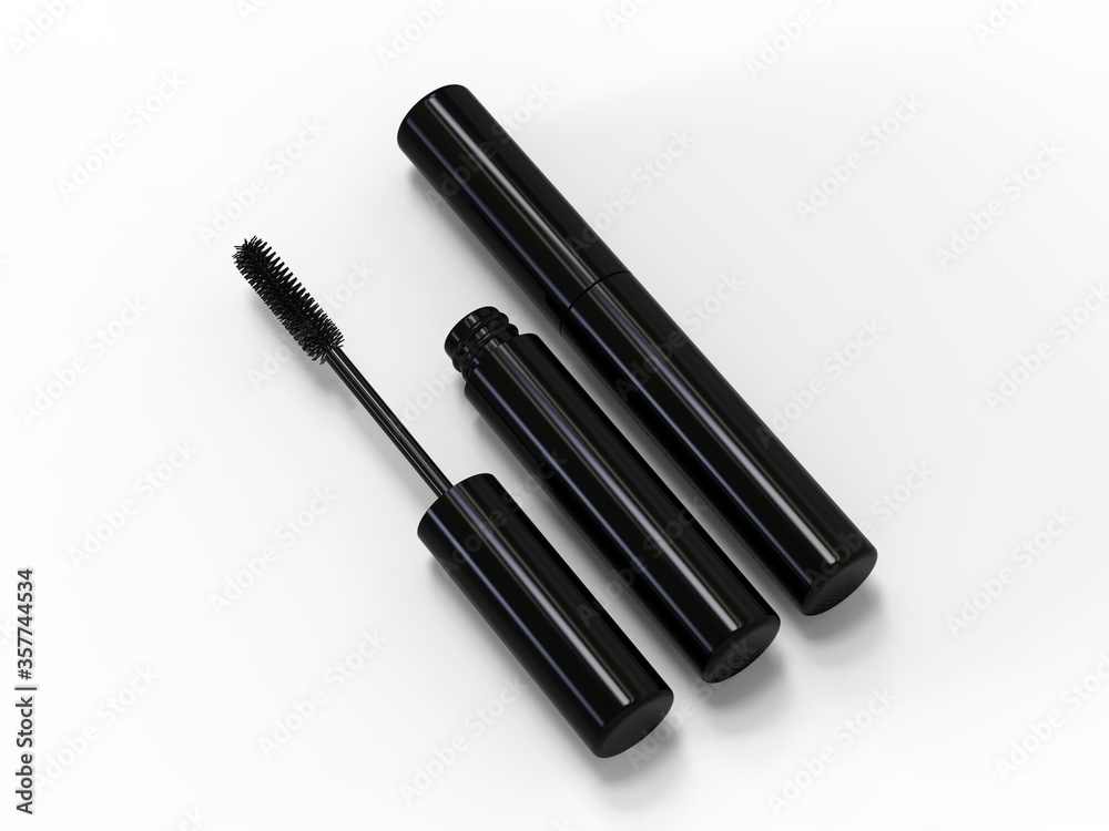 Blank Eyeliner mascara tube with box mockup isolated on white background front view. 3d render illustration.