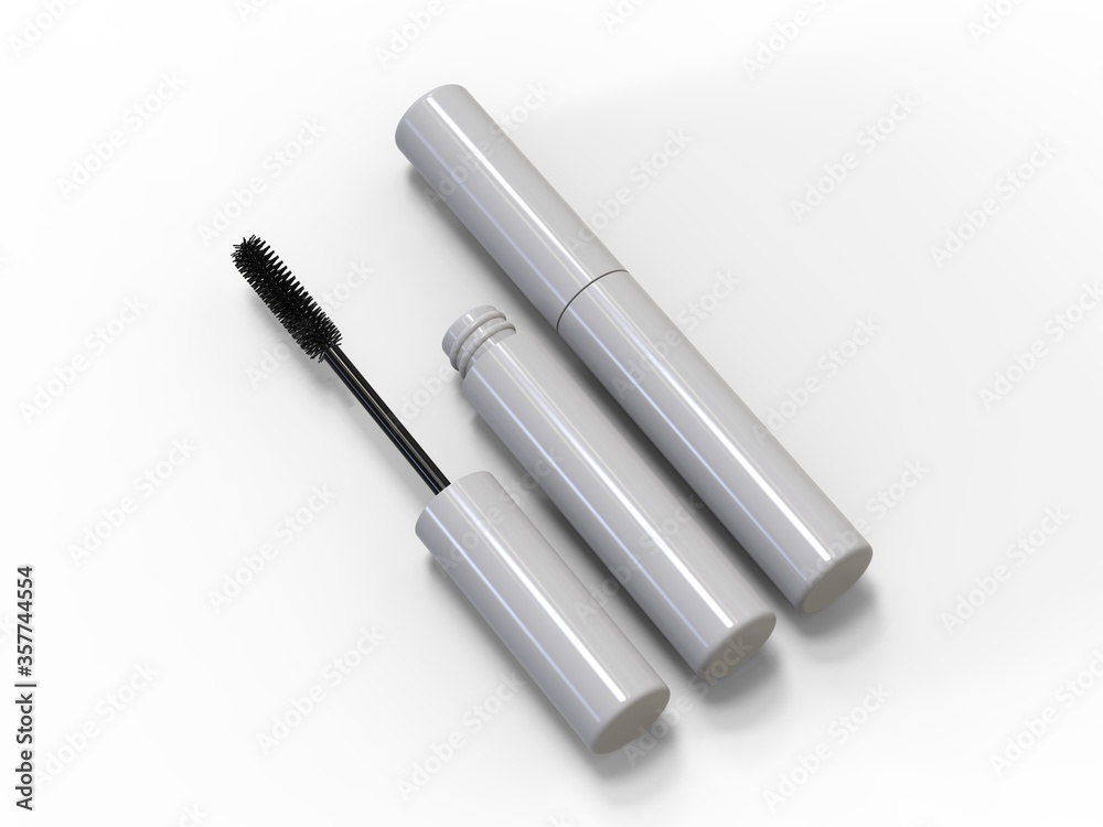 Blank Eyeliner mascara tube with box mockup isolated on white background front view. 3d render illustration. Blank Eyeliner mascara tube with box mockup isolated on white background front view. 3d render illustration.