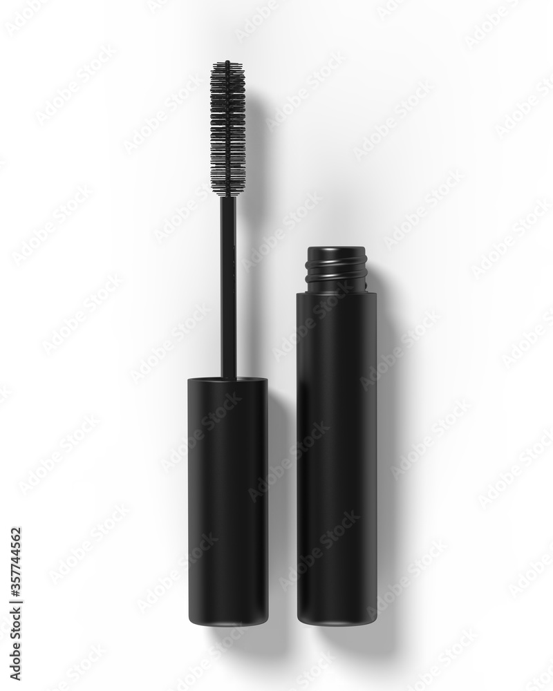 Blank Eyeliner mascara tube with box mockup isolated on white background front view. 3d render illustration. Blank Eyeliner mascara tube with box mockup isolated on white background front view. 3d render illustration.