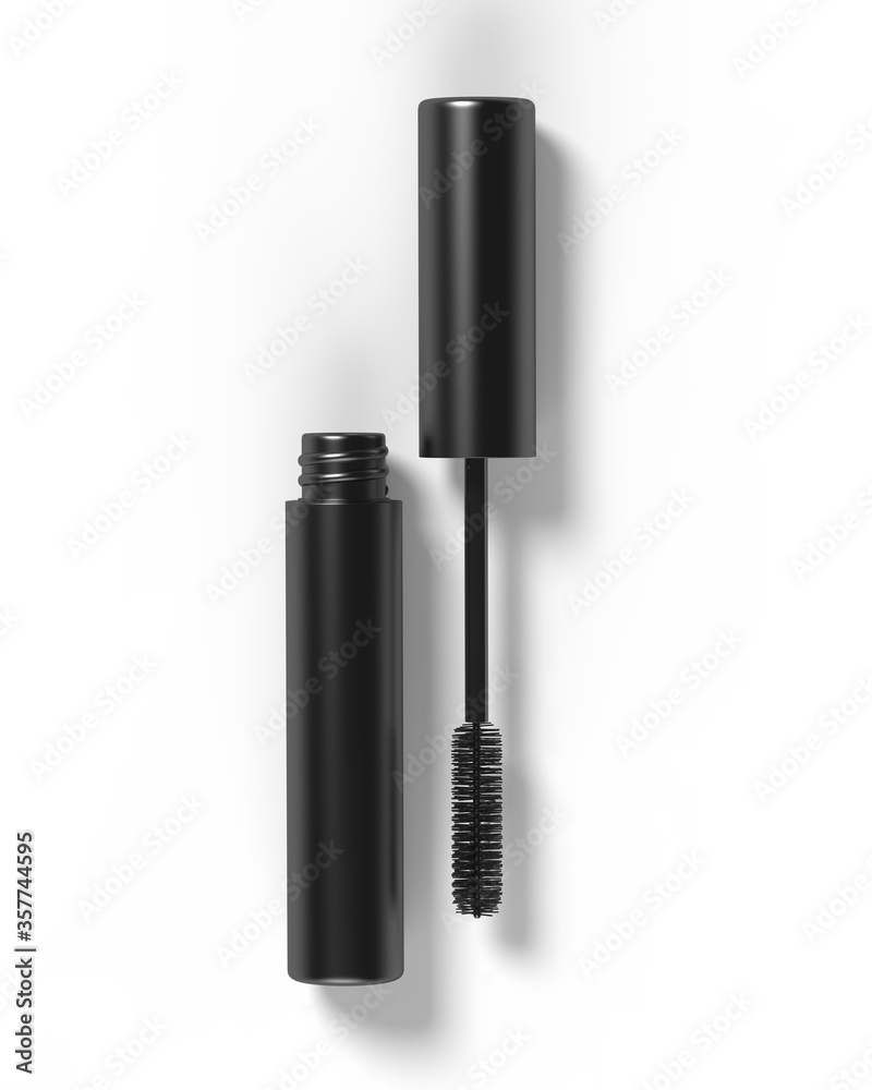Blank Eyeliner mascara tube with box mockup isolated on white background front view. 3d render illustration. Blank Eyeliner mascara tube with box mockup isolated on white background front view. 3d render illustration.