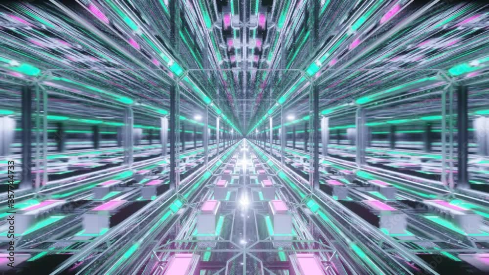 Motion graphics sci fi: travel slowly inside futuristic long mirror tunnel with neon pink and green lights towards white particle lights