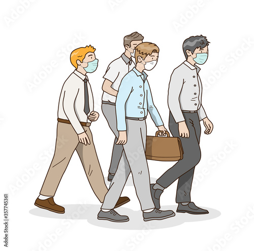 Obeying Physical distancing and Social distancing, office workers wearing face mask going to work together 