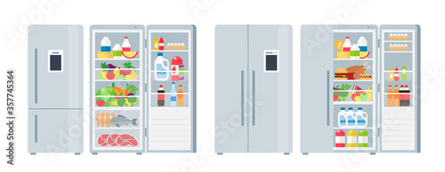 close and open fridges full on grocery products and food set photo