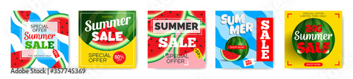 summer sale square web banners  for social media page design with watermelons vector illustration