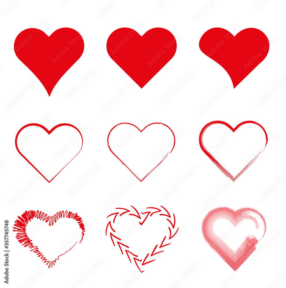 Red hearts Vector collection hand drawn elements for your designs love symbols on a white background