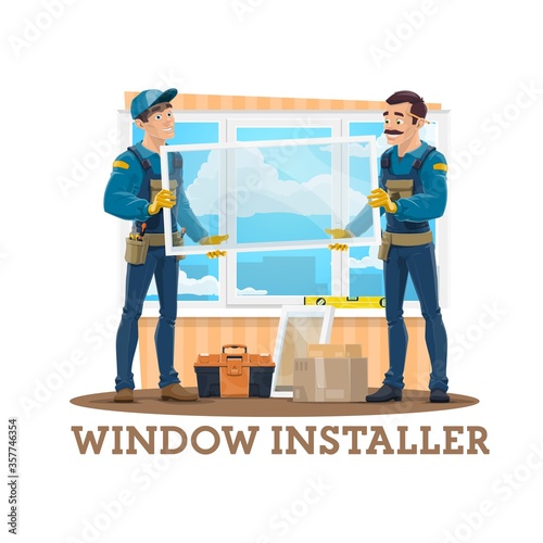 Window installation vector design of construction workers, carpenters or window installers with glass and plastic panes, work tools and toolbox, screwdrivers, ruler level, uniform. Building industry