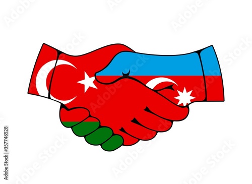 Handshake with flags of Turkey and Azerbaijan countries, partnership vector concept. Turkish and Azerbaijani cooperation and agreements in economics, finance and politics, diplomacy negotiations