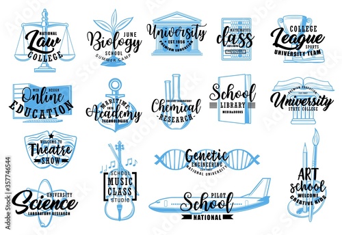 Education and science sketch icons of vector school, university, college, academy letterings. Music, sport, arts and biology classes, mathematics, chemical laboratory research, nautical, pilot school