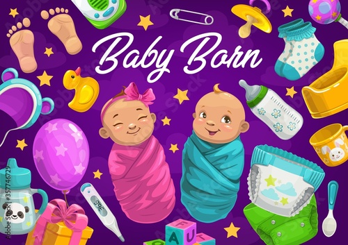 Newborn baby boy and girl vector card of baby shower. New born kids with child care accessories, bottles, diapers, rattle and pacifier, spoon, pin, gift box, socks and hat, blocks, monitor and potty