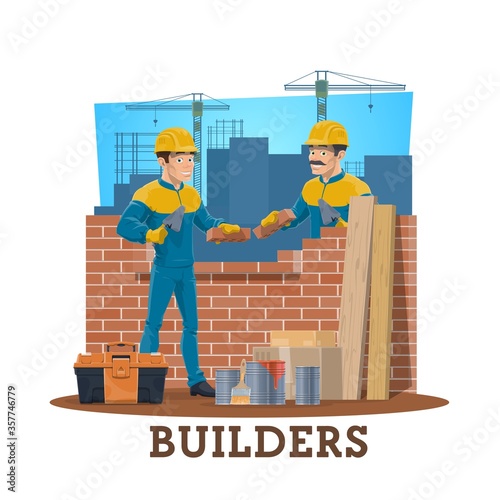 Bricklayer builders, vector construction industry workers. Mason cartoon characters laying bricks on construction site with trowels, cement mortar, toolbox, wheelbarrow, hard hats or helmets