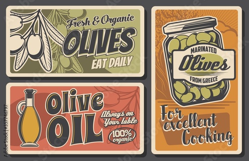 Olives retro posters with vector olive oil bottle and jar of marinated fruits, tree branches and green leaves. Mediterranean cuisine cooking ingredients, vegetarian food and agriculture harvest design