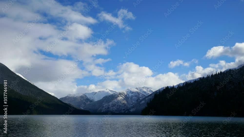 Lockdown time lapse shot of lake and snowcapped mountains against sky - Cheakamus Lake, British Columbia Lockdown time lapse shot of lake and snowcapped mountains against sky - Cheakamus Lake, British Columbia