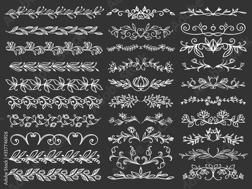 Line border and floral divider vector set with flower ornaments. Floral patterns of branch and vine garlands with leaves, flourishes and buds, herb blossom, blooming plants, frame and vignette design