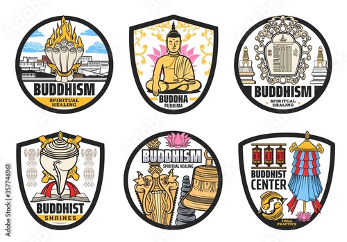 Buddhism religion, Tibet and Buddhist vector symbols. Isolated vector icons of Buddha, lotus, prayer wheels, spiritual bell and dorje, temple stupas, conch shell, fish, parasol and Potala palace
