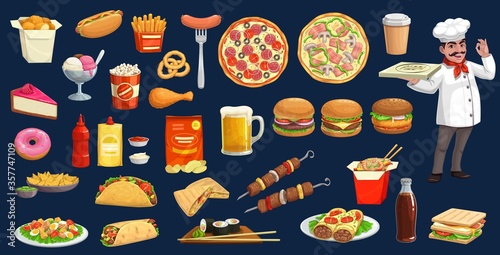 Fast food, drink and desserts with chef cartoon set. Vector burgers, pizza, hot dog , soda and coffee, hamburger, sandwich, chicken leg and nuggets, fries, taco, burrito, sushi, noodles and ice cream