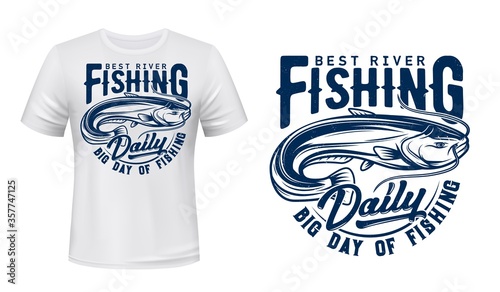 Catfish fish t-shirt print mockup, vector fishing sport. Sheatfish sea or river water animal, fisherman fish catch print template of fisher club and fishing camp custom apparel design