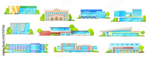 Supermarket and public library building isolated vector icons with store, shopping mall, shop and market, grocery and book house. Retail and education architecture object exteriors with glass facades