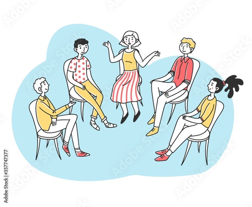 Patients discussing their psychological or addiction problem. Group of people sitting in circle and talking. illustration for therapy, counseling, psychology, support, help, community concept