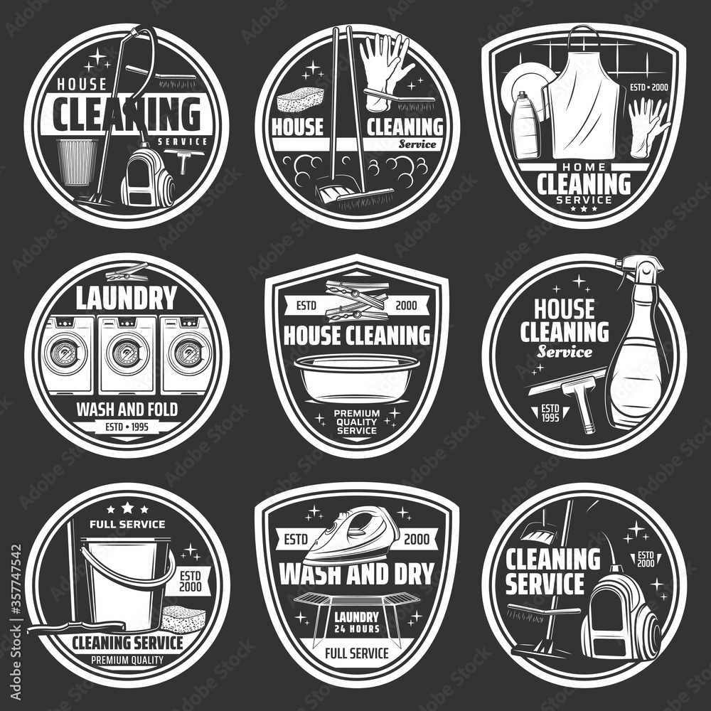 House cleaning and laundry service vector icons. Vacuum cleaner, mop, bucket and cleaning spray, sponge, broom and brush, washing machine, detergent, window squeegee and soap, gloves and apron