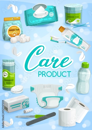 Personal hygiene and health care products. Vector toilet paper, toothpaste and toothbrush, wet wipes, cotton wool balls, pads and swab, diaper, tampons, micellar water bottle and nail files