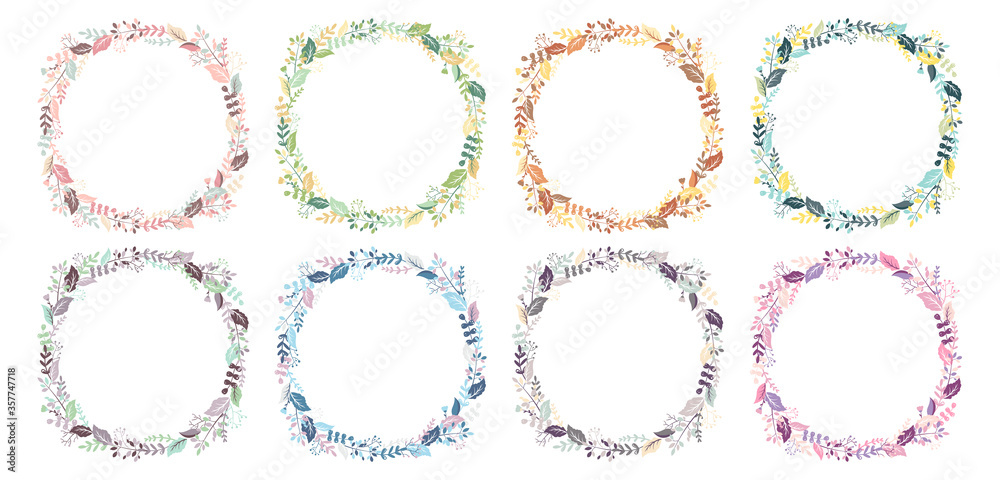 Vector collection with round wreaths from hand drawn colorful leaves, herbs and branches isolated on white background. Floral design template for wedding invitation, card, brochure, cover Vector collection with round wreaths from hand drawn colorful leaves, herbs and branches isolated on white background. Floral design template for wedding invitation, card, brochure, cover