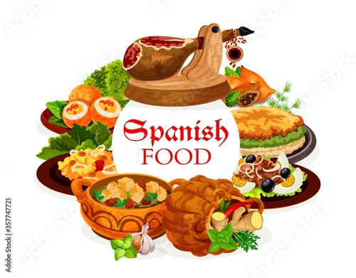 Spanish food, vector dishes of seafood risotto, fish salad San Isidro with eggs and olives, Iberian ham, bread almond soup and omelette, lamb pies and deviled eggs. Spanish cuisine restaurant design