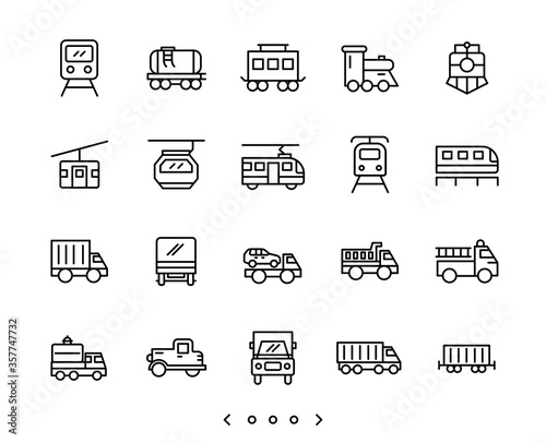 Train and truck transportation line icon set