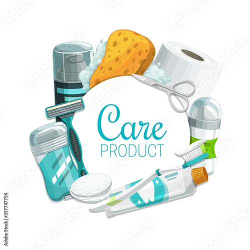 Hygiene or personal care vector products. Toothbrush, toothpaste, soap and sponge, toilet paper, deodorant, shaving foam and razor, cotton pads, manicure scissors and antiperspirant, toiletries design photo