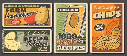 Potatoes and tomatoes, vegetable farm food vector posters. Potato chips, deep fried tornado spiral and peeled tubers, organic vegetables, healthy farm products and agriculture themes